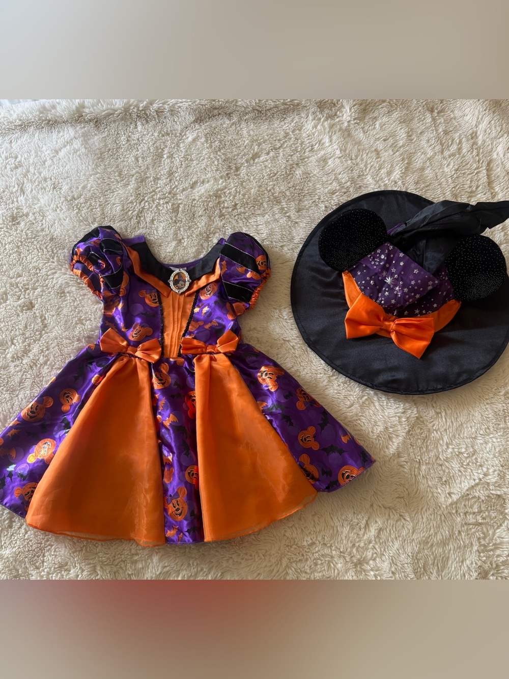Disney Girls Minnie Mouse Orange & Purple Halloween Pumpkin Dress with Witch Hat